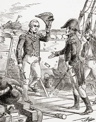 Captain Dacres from the HMS Guerriere surrenders and offers his sword to Captain Hull aboard the USS Constitution after his defeat during The War of 1812, from The History of Our Country, published 1905