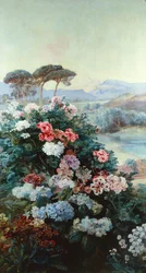 Camellias and other Flowers in a Landscape