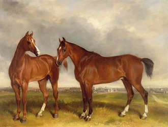 Hunters in a paddock, a town beyond
