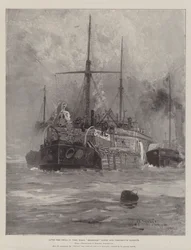 After Her Trial by Fire, HMS Belleisle Towed into Portsmouth Harbour