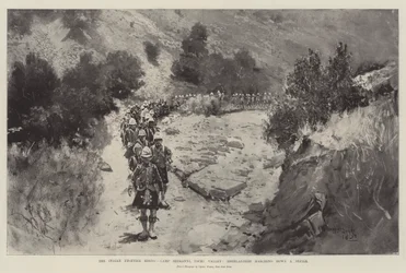 The Indian Frontier Rising, Camp Sheranni, Tochi Valley, Highlanders Marching Down a Defile
