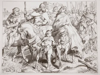 Hereward Guards Alftruda to a Place of Safety, illustration from Hereward the Great by Charles Kingsley, engraved by C.G. Lewis