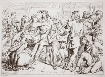 How Hereward slew the bear, illustration from Hereward the Great by Charles Kingsley, pub. 1870, engraved by C.G. Lewis