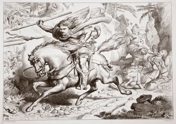 How Hereward was caught in a trap, illustration from Hereward the Great by Charles Kingsley, pub. 1870, engraved by C.G. Lewis