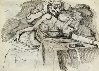 A Woman Swooning at a Writing Table with a Threatening Figure Behind