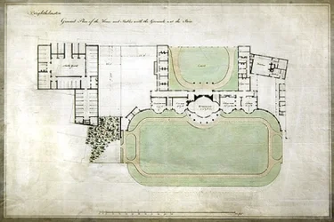 Brighthelmstone, or Brighton Pavilion - general plan of house and stables with grounds, showing extension by architect Henry Holland (1745-1806), c.1801