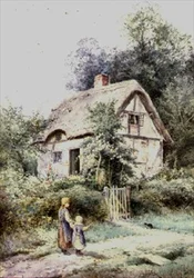 Two Girls and a Kitten by a Thatched Cottage