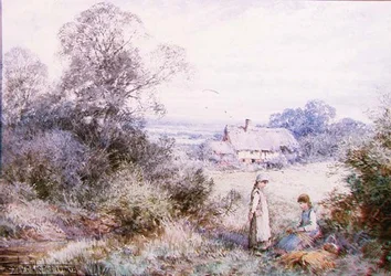 Two Young Girls Playing by a Meadow