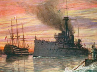 In Portsmouth Harbour in 1909, the "Dreadnought" and the "Victory"