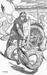 Percival fighting the serpent Illustration by HJ Ford (1860-1940) from “The book of romance” 1902 Private collection