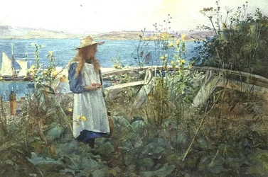 A Girl in a Garden by the Sea