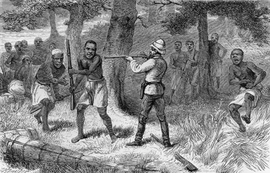 Natives rebelling along banks of Gombe river, Tanzania (engraving)