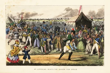 English gentlemen gambling on an unusual foot race during a horse-racing meet on the Champs de Mars, Paris