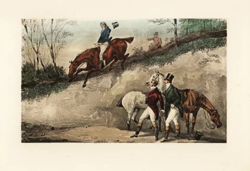 English Gentleman on Horseback Making a Jump from a Steep Embankment