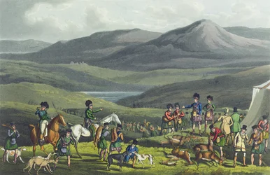 Sporting Meeting in the Highlands, aquatinted by I. Clark, pub. by Thomas McLean