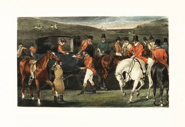 Victorian Gentlemen on Horseback Gathering for a Stag Hunt