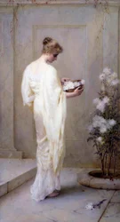 Divinely Fair, Young Woman Dressed in White Holding Flowers, Symbolizing Purity by Henry Thomas Schaefer