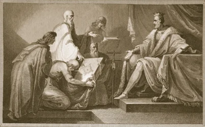 Doomsday Book Presented to William the I, Engraved by J. Fittler, Illustration from David Hume