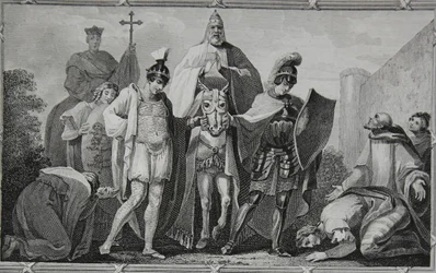Henry and Lewis conducting the Pope to the castle of Torci, engraved by Saunders, illustration from David Hume