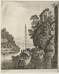 Two Boats Moored under a Rock