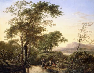 An Extensive Italianate River Landscape with Travellers by a Pool