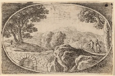 Two Figures near a Small Stone Bridge