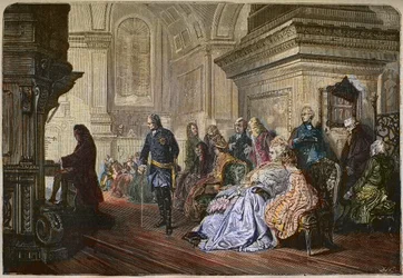 The King of Prussia Frederick II the Great (1712-1786) listens to the composer Johann Sebastian Bach playing at court, engraving after a painting by Kaulbach