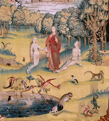 Flemish tapestry. Series Four tapestries after Hieronymus Bosch. The Garden of Earthly Delights. Fourth tapestry in the series. Model Inspired by the work of Hieronymus Bosch. Manufacture Unknown workshop, Brussels. Before 1560