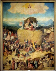 The Allegorical Hay Cart of Men and Women Looking to Make the Most of the Present Time. Central panel of the allegorical triptych on the past and the present by Hieronymus Van Aeken (Aken), known as Jerome Bosch (1450-1516), about 1490. Madrid, Prado