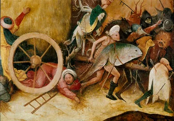 The Haywain or Hay Triptych (hay cart): Central panel detail. Monster figures, anthropomorphic characters and a man falling under a wheel. Painting by Hieronymus Van Aeken (Aken), called Hieronymus Bosch (1450-1516)