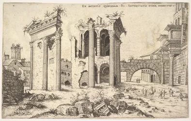 View of unidentified ruins with trabeated facade at left, arcades at center, and arch at right