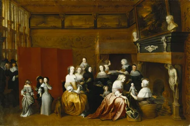 Ladies Celebrating the Birth of a Child, and Gentlemen Looking on from Behind a Screen, in an Interior