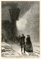 An enormous shadow, preceded by a flickering yellow glare, from Around the World in Eighty Days by Jules Verne (1828-1905), engraved by Adolphe François Pannemaker (1822-1900), 1873