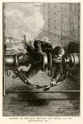Hanging by one hand between the tender and the luggage-van, he... from Around the World in Eighty Days by Jules Verne, engraved by Louis, 1873