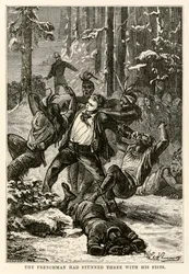 The Frenchman had stunned three with his fists, from Around the World in Eighty Days by Jules Verne, engraved by Henri-Théophile Hildebrand, 1873