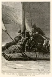 The cold, increased by the tremendous speed, deprived them of the power of speech, from Around the World in Eighty Days by Jules Verne, engraved by Adolphe François Pannemaker