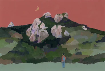 Man with Backpack Traveling in the Mountains, 2015