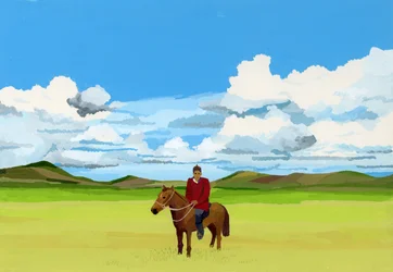 Mongolian Steppes and People Riding Horses