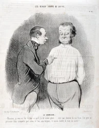 Artwork by Honore Daumier (1808-1879). Charivari dates from 1845: Serie LES BEAUX DAYS DE LA VIE. The blouse -Sir, I made you the best wearing... with a shirt in my way you can present yourself in any living room and we will always be the best dressed