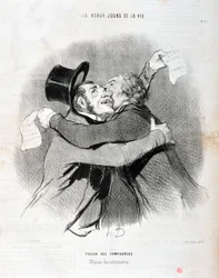 Artwork by Honore Daumier Charivari dates from 1845: Serie LES BEAUX DAYS DE LA VIE. Merger of companies - Outfall of shareholders
