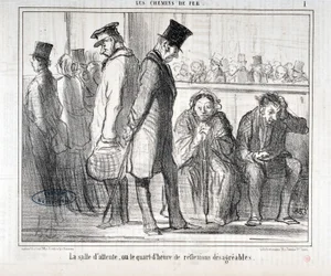 Artwork by Honore Daumier (1808-1879). Charivari dates from 1855: Serie LES Chemins de fer The waiting room or the quarter hour of disagreeable reflexions MUSEE DES BEAUX ARTS - PALAIS LONGCHAMP, MARSEILLE