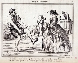 Cartoon About Harvesters Trampling on Barefoot Grapes. Series 