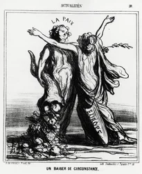 Europe and peace: a special kiss. Illustration by Honoré Daumier (1808-1879), published in the news section of "Le Charivari", dated April 1