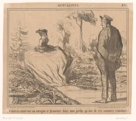 Man Sees Woman with Hoop Skirt Walking Through His Garden