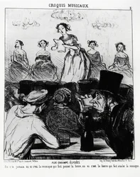 Musical sketches: at Champs Elysees, we never knew whether it is music that makes beer pass or beer that makes music swallow. Illustration by Honore Daumier, published in Charivari, dated 12 February 1852
