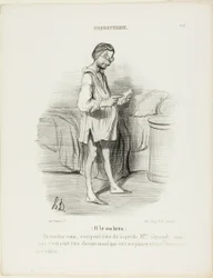 (He is reading a letter) “A date, could it be from the cute Mme Giraud?? Yes, but it could also come from her husband who wants to pinch me…,” plate 8 from Coquetterie