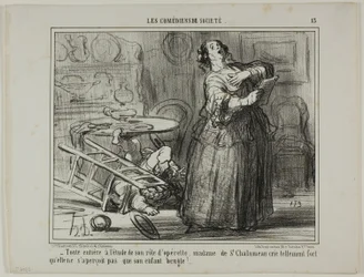 Taken by Her Operetta Part, Madame de St. Chalumeau is Shouting So Loud That She Does Not Notice the Bellowing of Her Child, plate 13 from The Amateur Actors