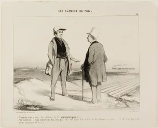 “- What do you mean, there are soon going to be air trains? - But of course, Monsieur... you see, it will then be very easy to establish a connection between Dover and Calais... but of course, the project is still suspended in air,” plate 14 from The Railr