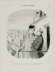 "I am living a little high up... but at least I am enjoying a beautiful view," Plate 8 from Les Bons Bourgeois