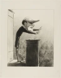 Jules de L (also known as Lasteyrie the Argand lamp). Former member of the opposition, now enemy of the light... blinded by the sudden appearance of the sun of the Republic, Jules de Lasteyrie now wears the eye-shade of the Constitutionnel, plate 33
